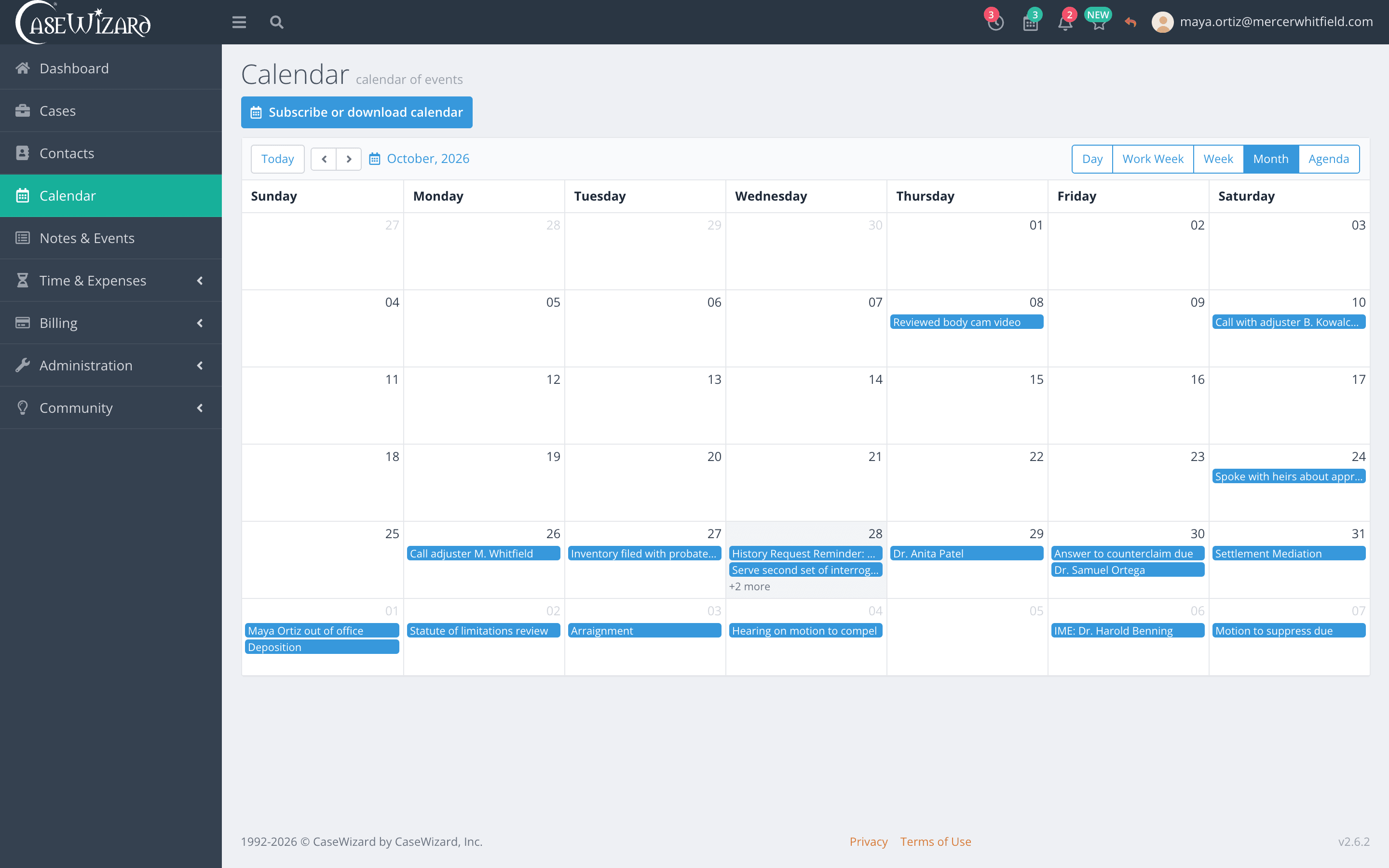 A month on the firm calendar with hearings, depositions and filing deadlines