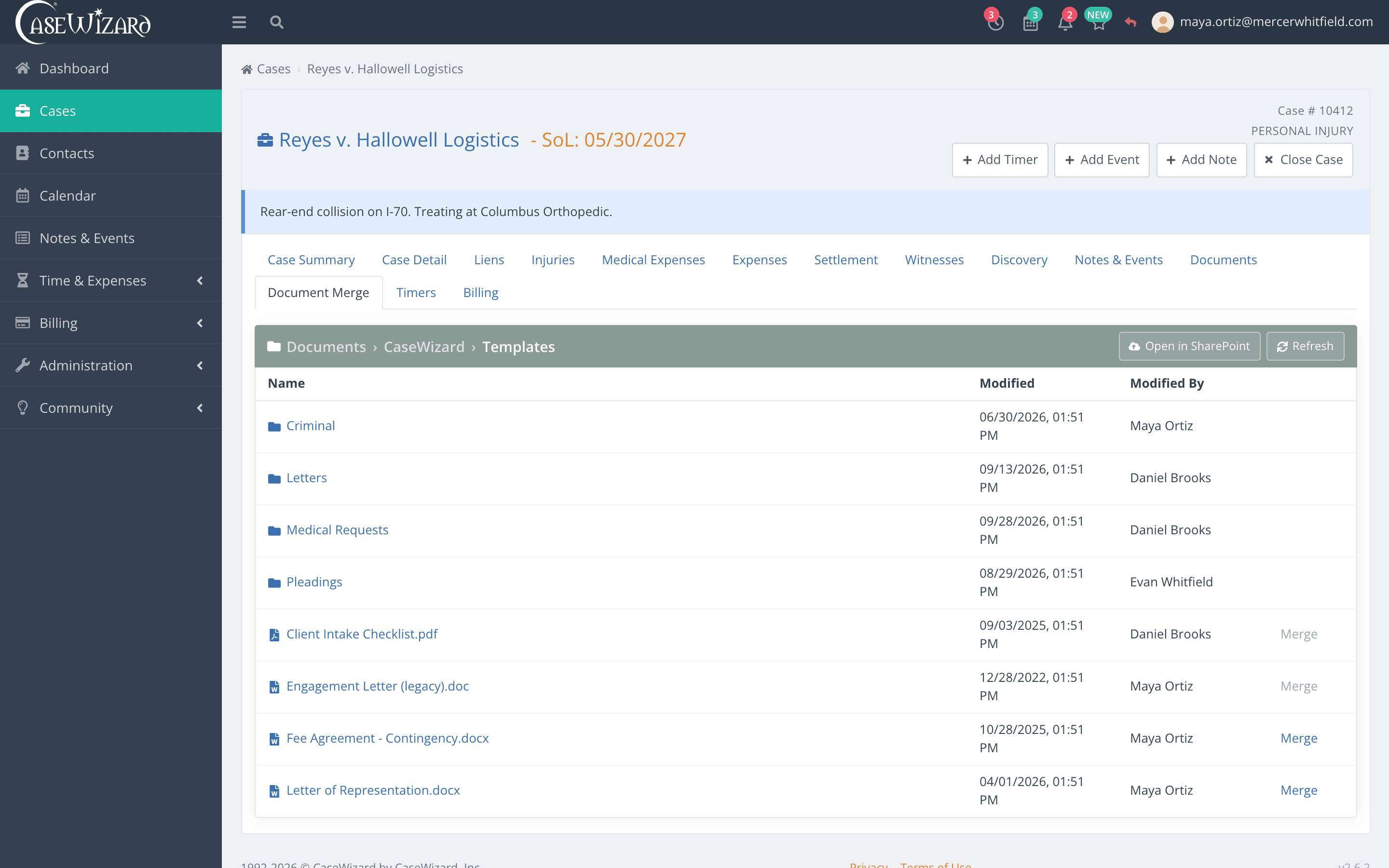 Document Merge on a case: the firm's templates folder, each template with a Merge action