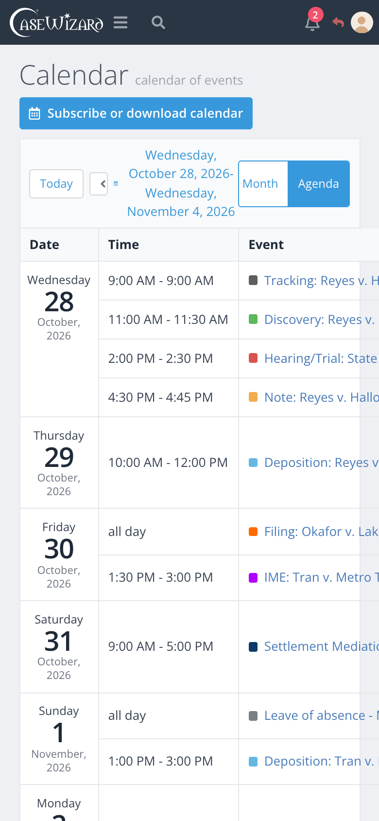 The firm calendar on a phone