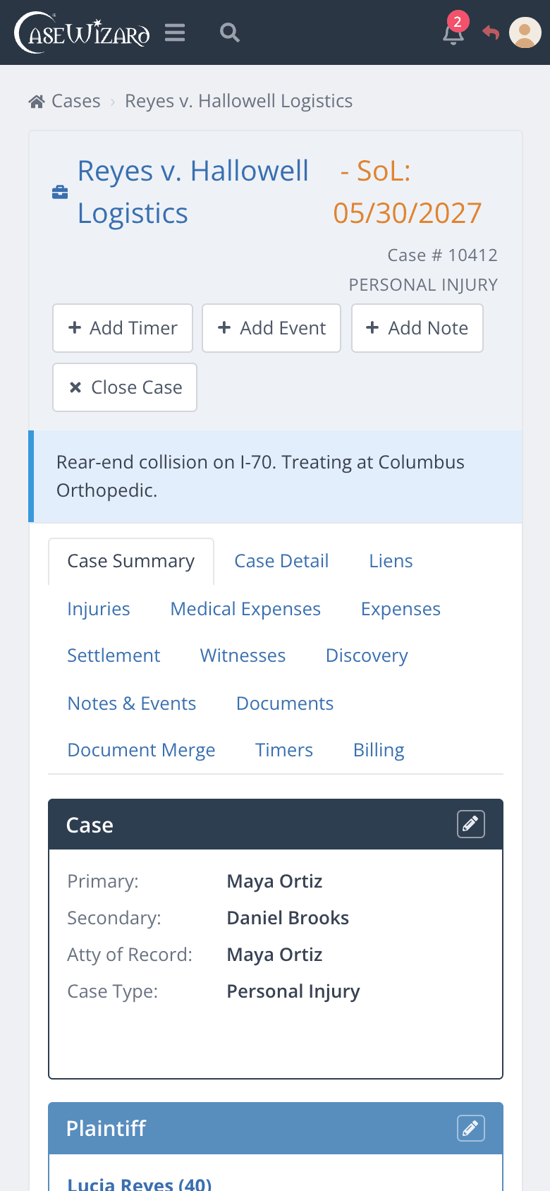 A personal injury case on a phone, with its parties and the statute of limitations in the header