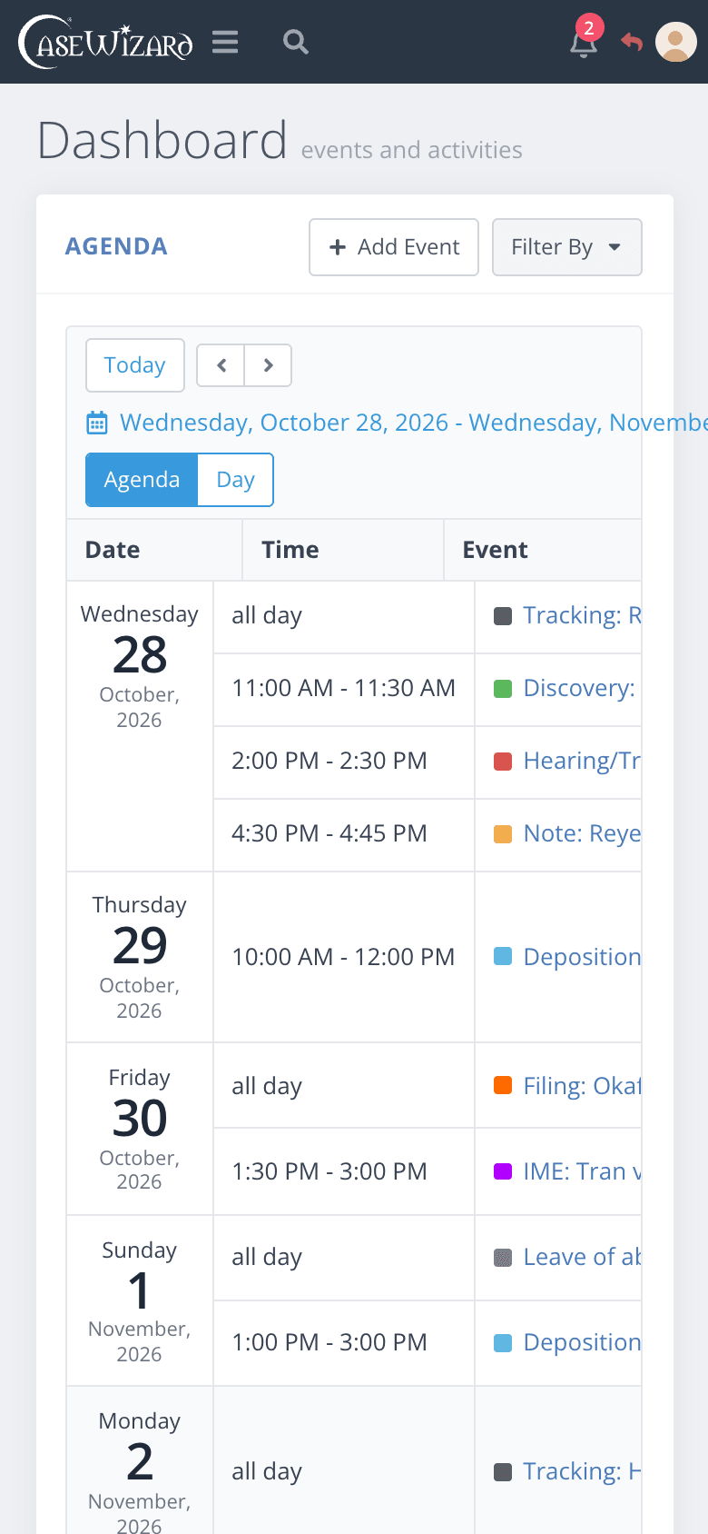 The CaseWizard dashboard on a phone, with this week's agenda