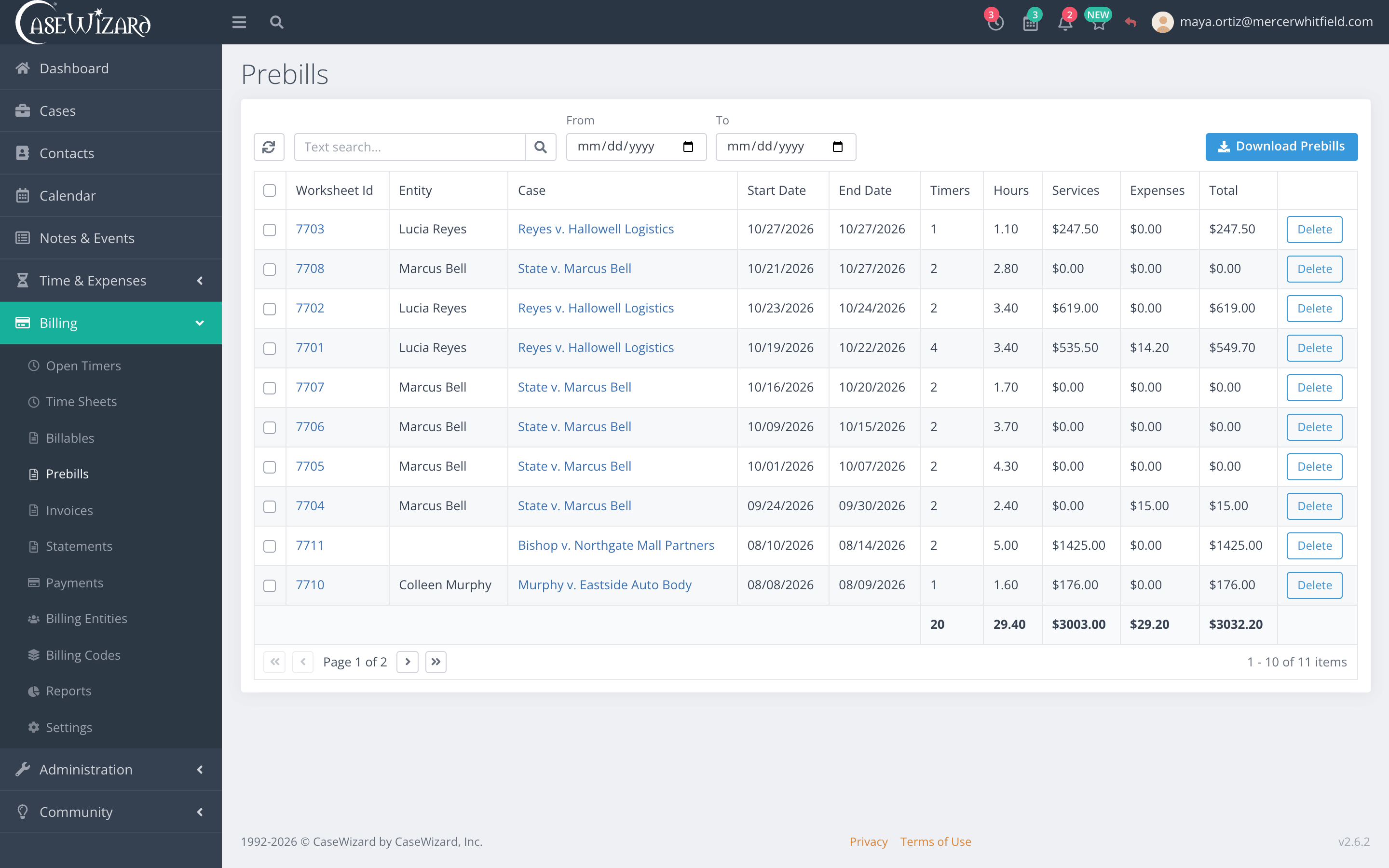 Select and delete pre-bills in bulk in CaseWizard