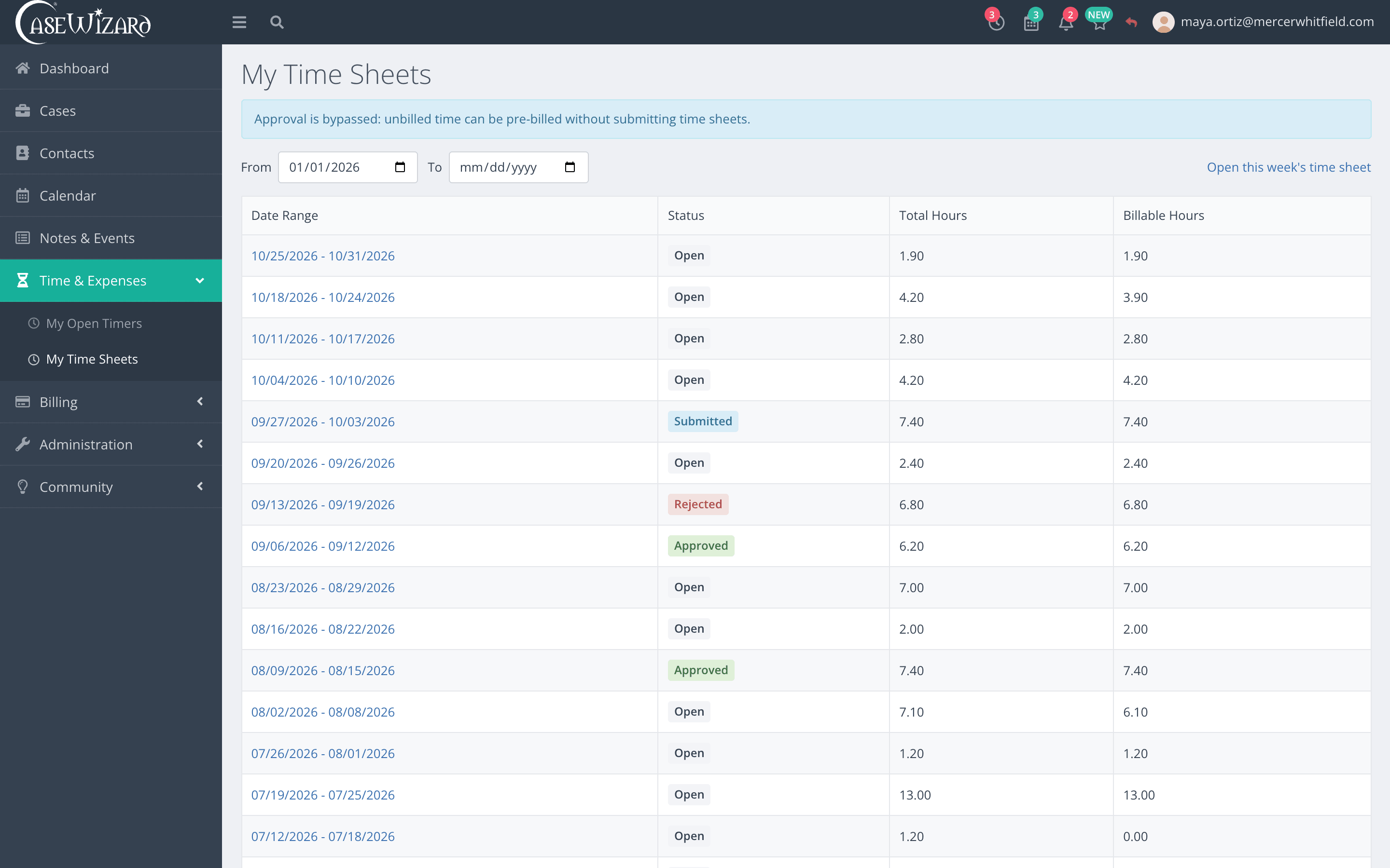 A timesheet with entries against several cases
